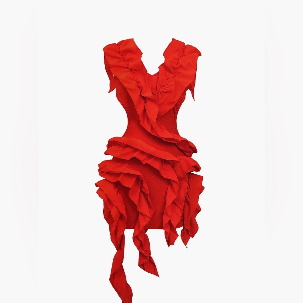 Micas M  Elegant Red Ruffled Dress mc7-26